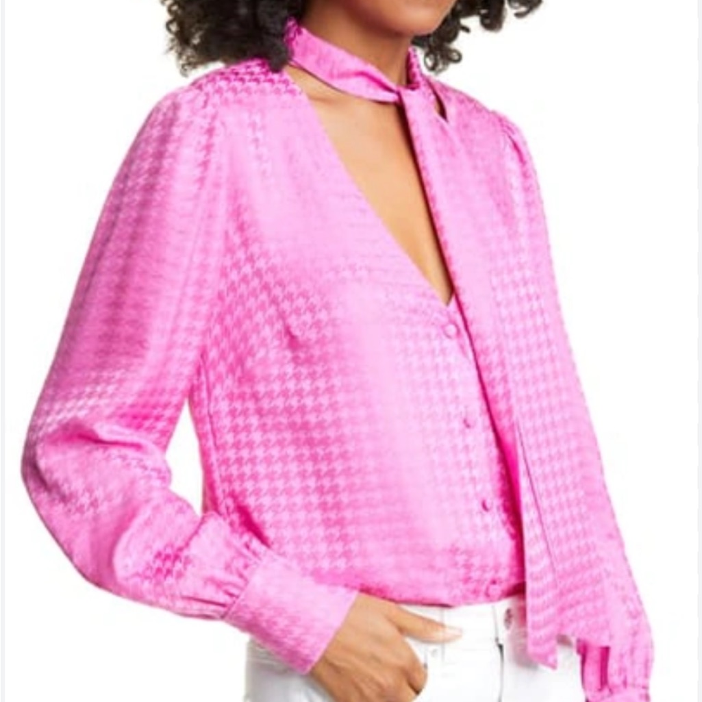 Nwt Veronica Beard Nicky Tie Neck Houndstooth Jacquard Pink Silk Top